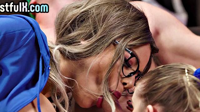 Fullbosomed babes give boobjob and get fucked in FFM