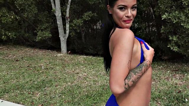 Closeup POV tattooed babe in bikini fucked in shaved pussy