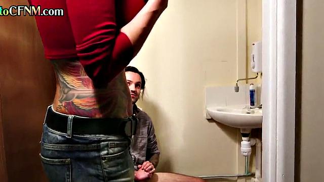 CFNM British MILF with tattoos gives HJ to lucky man