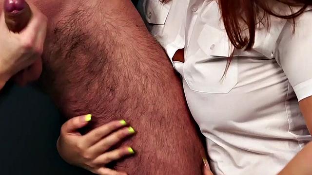 Uniformed ginger cfnm babe tugging in erotic police group