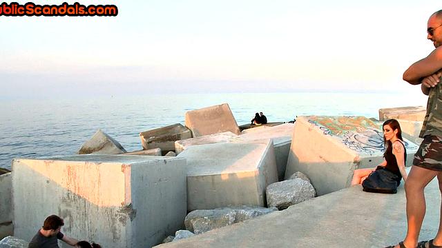 Scandalous slut mouth and pussybanged outdoor in front of voyeurs