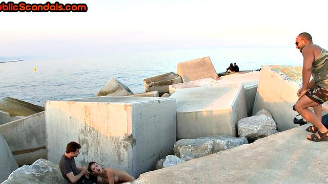 Scandalous slut mouth and pussybanged outdoor in front of voyeurs