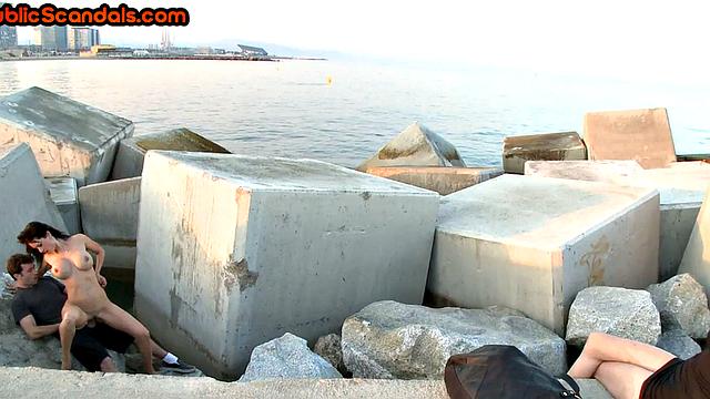 Scandalous slut mouth and pussybanged outdoor in front of voyeurs