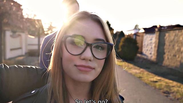 Naughty teen with glasses gives a driving lesson and gets fucked outdoors