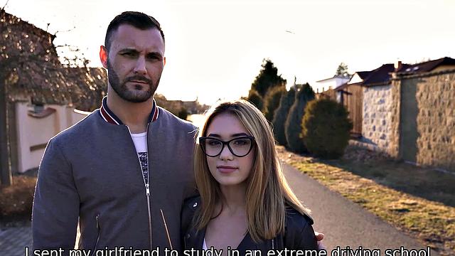 Naughty teen with glasses gives a driving lesson and gets fucked outdoors
