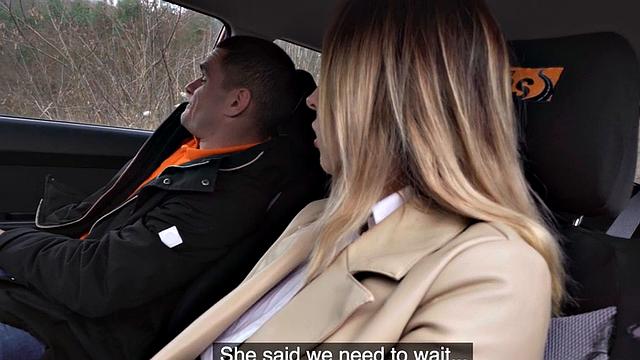 Busty driving babe gets fucked outdoors in car by tutor