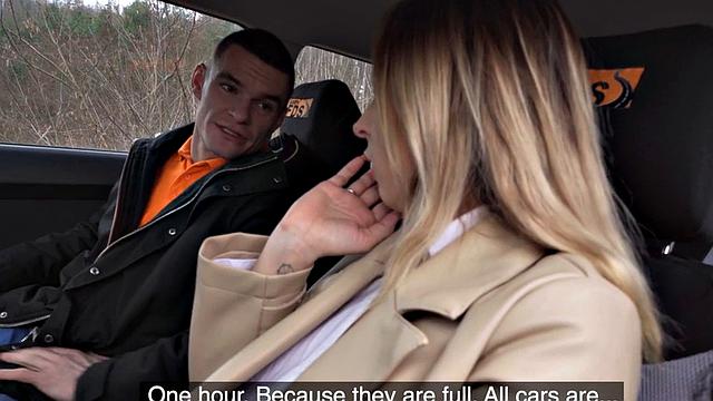 Busty driving babe gets fucked outdoors in car by tutor