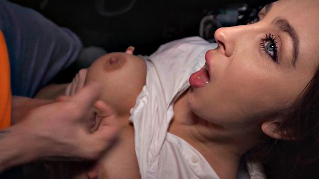 Busty driving babe gets fucked outdoors in car by tutor