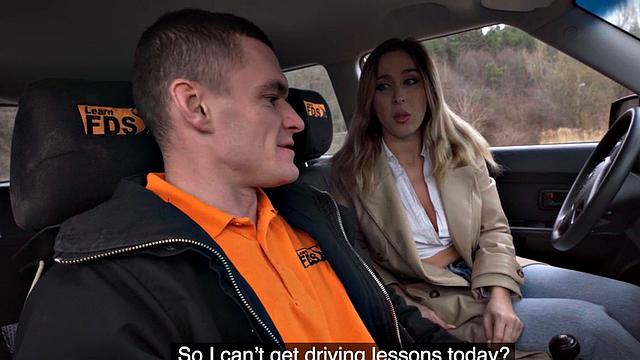 Busty driving babe gets fucked outdoors in car by tutor