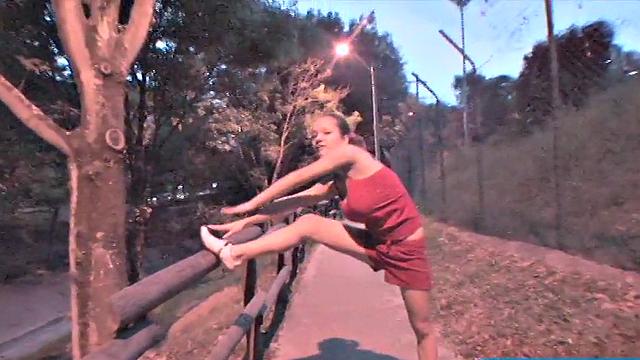 Busty teen jiggles her tits in public