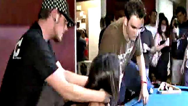 Petite coed fucked across pool table