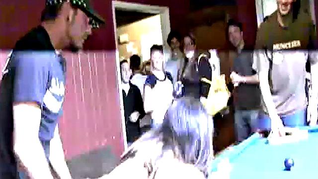 Petite coed fucked across pool table