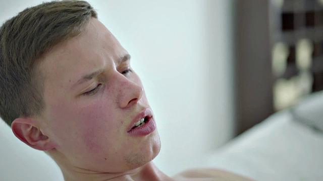 smooth slim twink jerking off big cock after teasing body