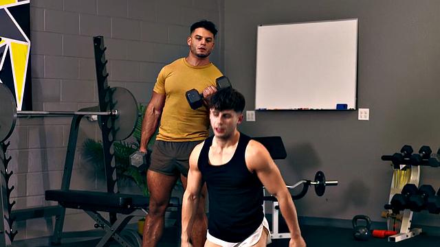 Athletic amateur barebacking in gym after workout