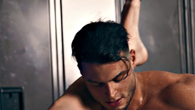 Athletic amateur barebacking in gym after workout