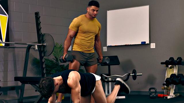 Athletic amateur barebacking in gym after workout