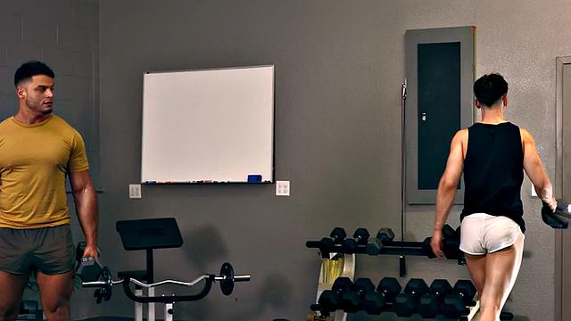 Athletic amateur barebacking in gym after workout