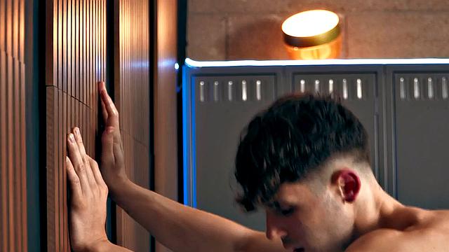 Athletic amateur barebacking in gym after workout