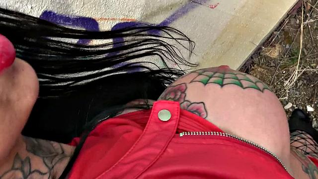 Brunette with big tits and tattoos takes it hard outside in high heels & fishnets