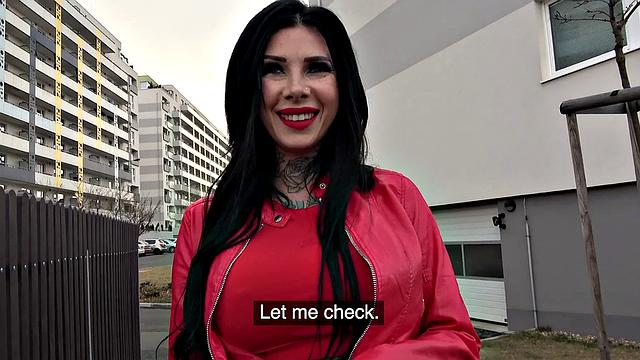 Brunette with big tits and tattoos takes it hard outside in high heels & fishnets