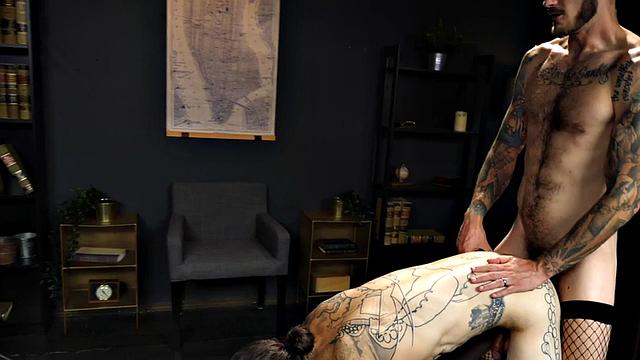 Tattooed stud fucks nympho in anal hole in missionary