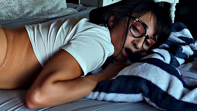 Brunette Latina masturbates in glasses while getting pounded from behind