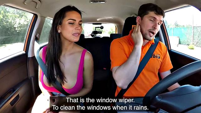 British student with big tits takes her driving instructor's hard cock in reverse cowgirl pose