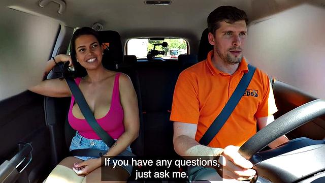 British student with big tits takes her driving instructor's hard cock in reverse cowgirl pose