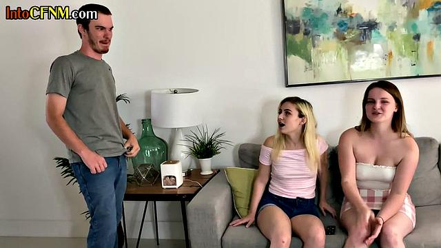 Watch these kinky CFNM mistresses pleasure themselves in a steamy threesome with ball sucking and cock-licking action!