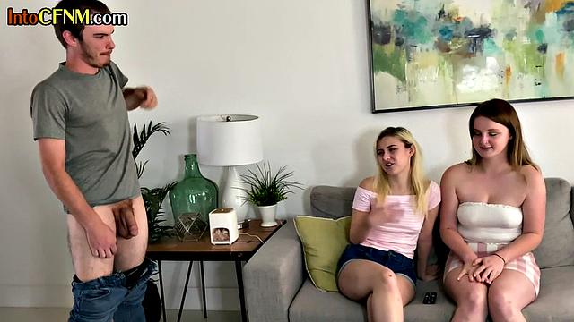 Watch these kinky CFNM mistresses pleasure themselves in a steamy threesome with ball sucking and cock-licking action!