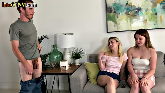 Watch these kinky CFNM mistresses pleasure themselves in a steamy threesome with ball sucking and cock-licking action!