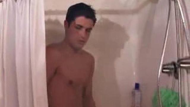 With the shower streaming down Hunter's naked body, he works up a boner and continues to stroke his hard cock, as he heads to the bedroom. After some determined self-pleasuring the young man blows his warm cum load.