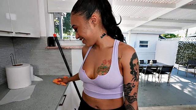 POV maid enjoys sucking boss dick after cleaning house