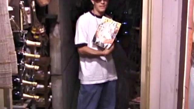 Str8 skater boy Dakota is alone and horny in a wine cellar, conveniently stocked with a few porn magazines. He unzips, pulls out his cock and has a boner in no time.