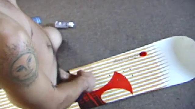 This sexy student is ready and willing to do anything, including showing off his stiff dick and stroking the cum out of it. Josh has his snowboard with him and plans to splatter it with his seed.