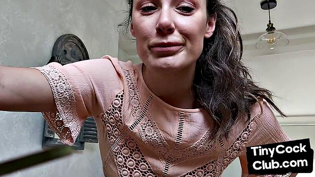 Femdom CFNM babe mocking small cock and teasing