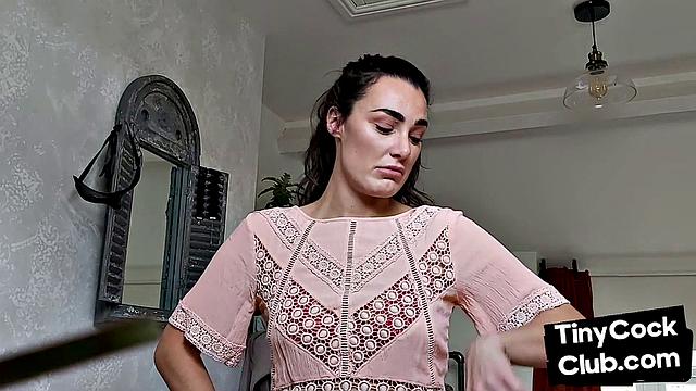 Femdom CFNM babe mocking small cock and teasing