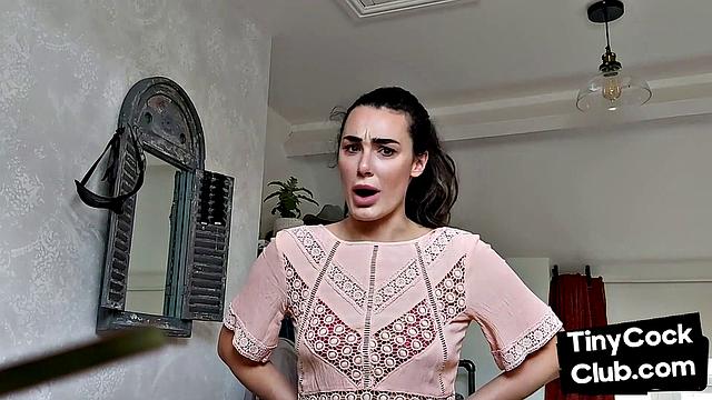Femdom CFNM babe mocking small cock and teasing