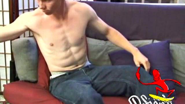 Justin hits the sofa and strips off the clothes as he strokes his hard cock. He jerks it tight while moving his hips. The young man doesn't talk much, but he knows how to get himself off.