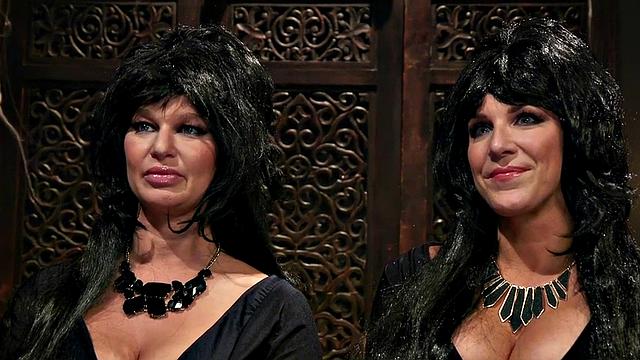 Lez busty MILF gets Halloween anal fucking with strapon