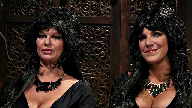 Lez busty MILF gets Halloween anal fucking with strapon