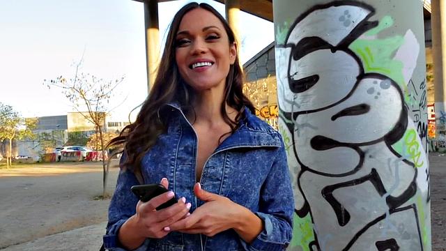 A hot brunette in stockings get her tight pussy stuffed outside in POV