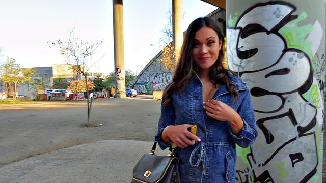 A hot brunette in stockings get her tight pussy stuffed outside in POV