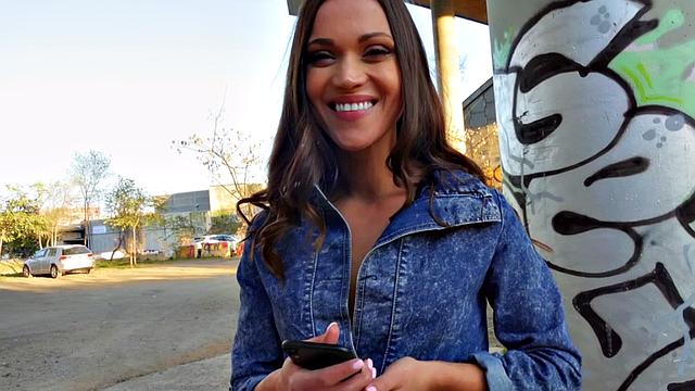 A hot brunette in stockings get her tight pussy stuffed outside in POV