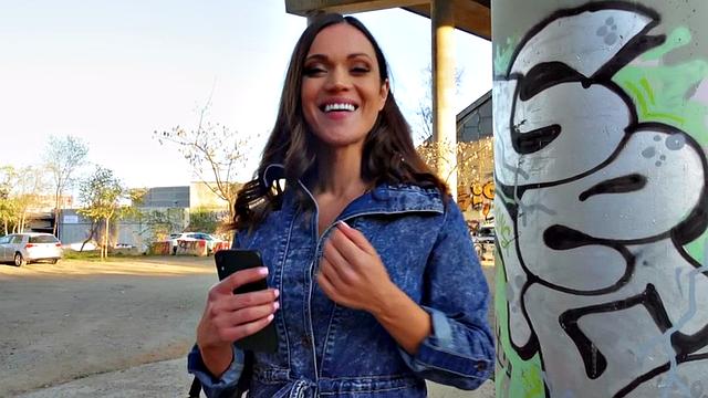 A hot brunette in stockings get her tight pussy stuffed outside in POV