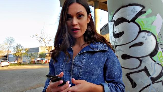 A hot brunette in stockings get her tight pussy stuffed outside in POV