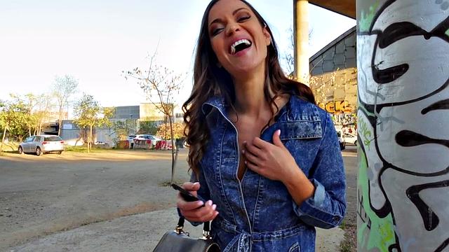 A hot brunette in stockings get her tight pussy stuffed outside in POV