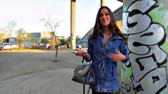 A hot brunette in stockings get her tight pussy stuffed outside in POV