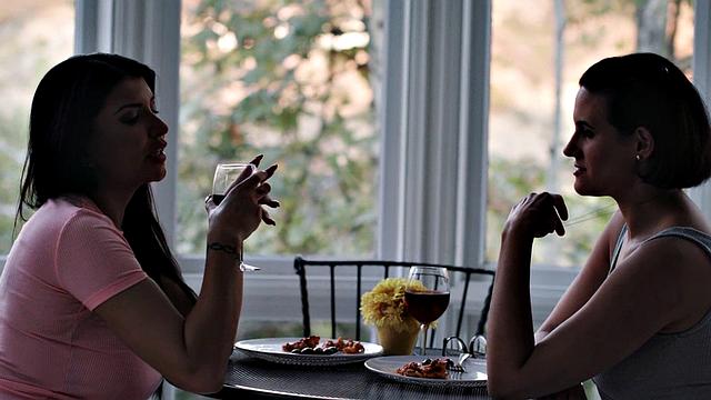 Lez squirting strapon sex between busty big boobed babes