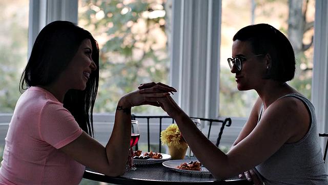 Lez squirting strapon sex between busty big boobed babes